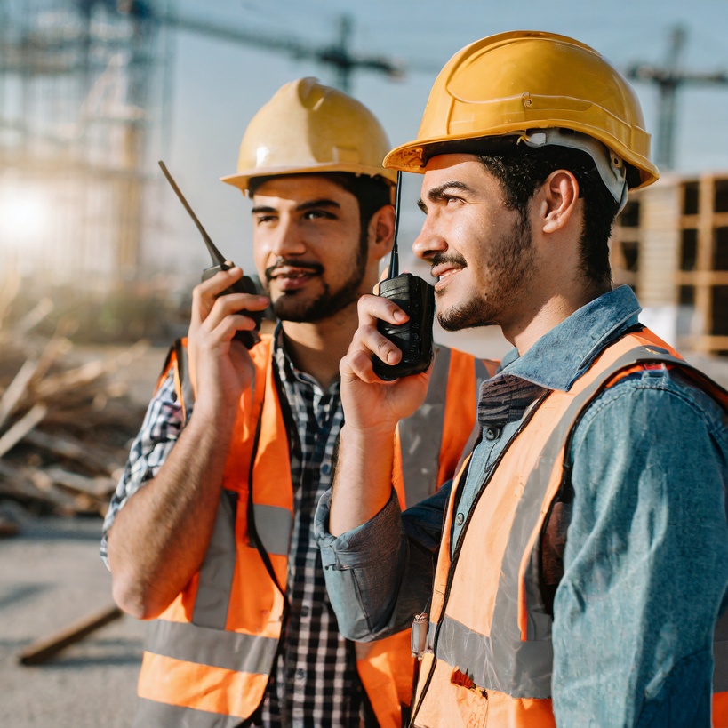 Construction workers on site with two-way radios.