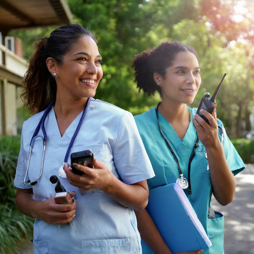 Nursing care assisted living workers with two-way radios.